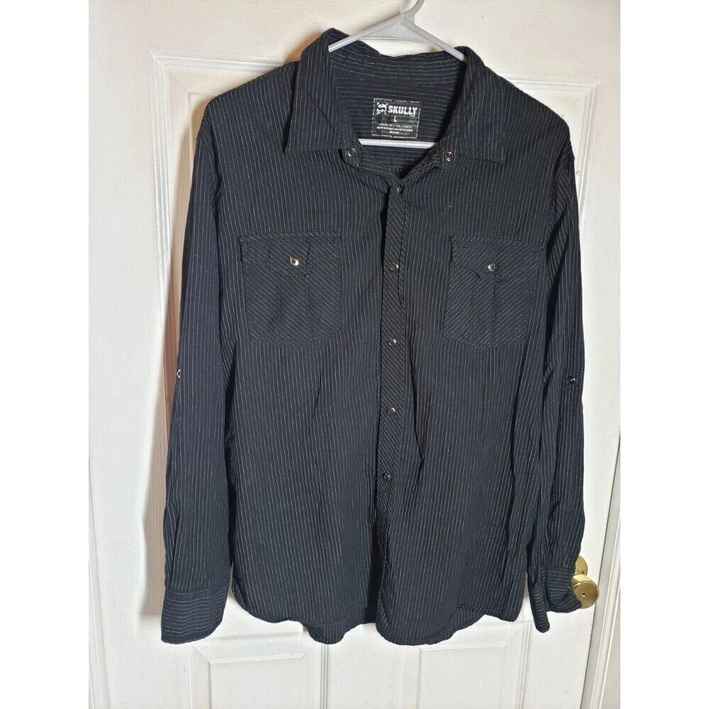 Scully Men's Black With White Pen Striped Snap Button Shirt Size L